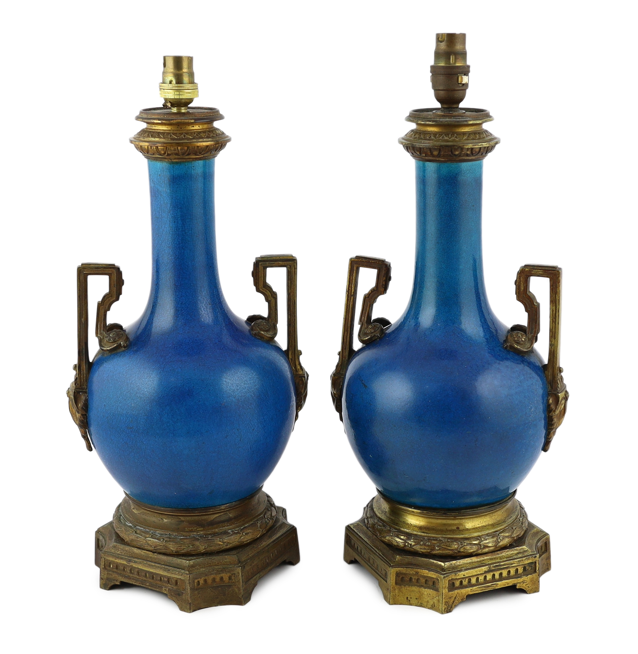 A pair of Chinese or Japanese turquoise-glazed bottle vases with Louis XVI style ormolu lamp mounts, late 19th century